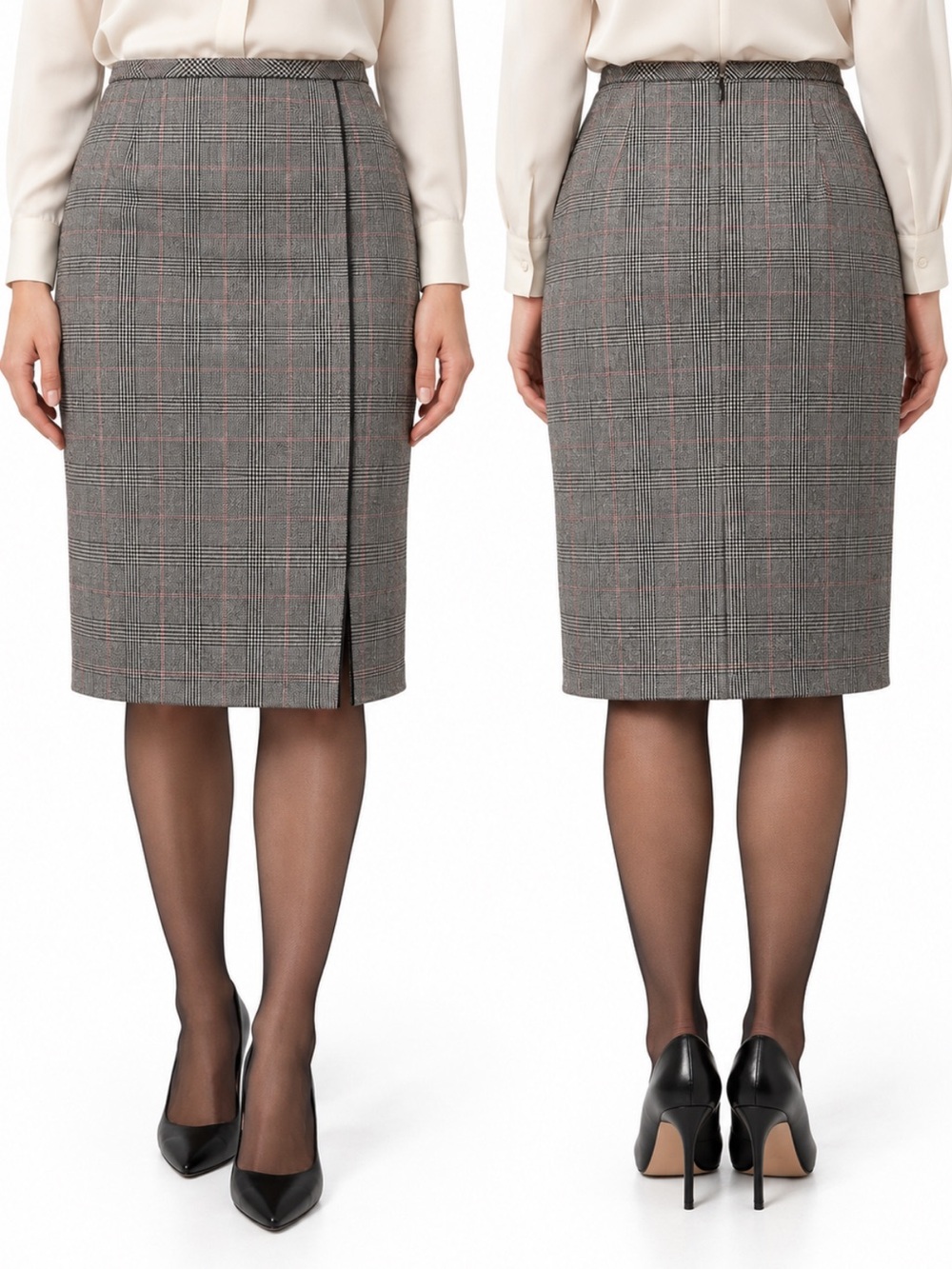Brooks Brothers 100% Wool Grey Pencil Skirt Glen Plaid Pink Windowpane Slit 12